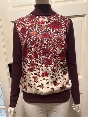 Tory Burch Red Floral Turtleneck Pullover Size Small